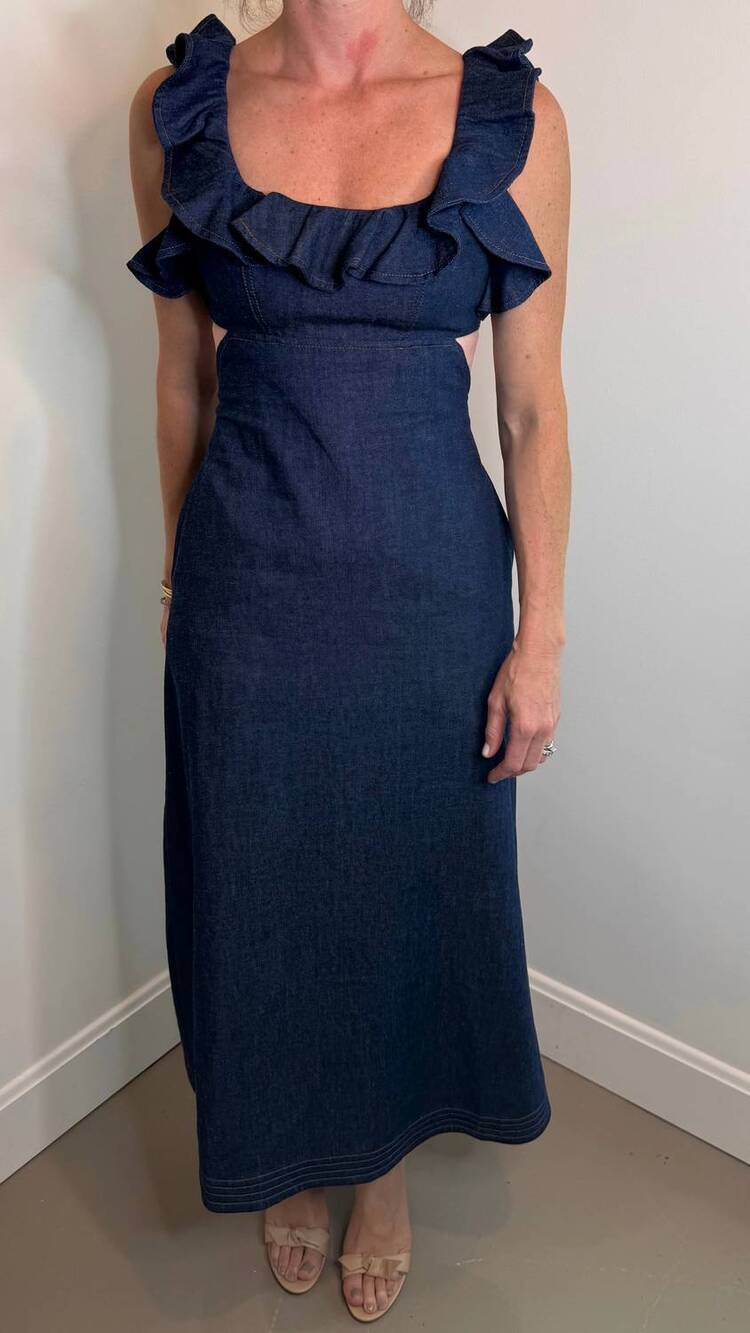 NEW ZIMMERMANN aster denim frill midi dress in ink